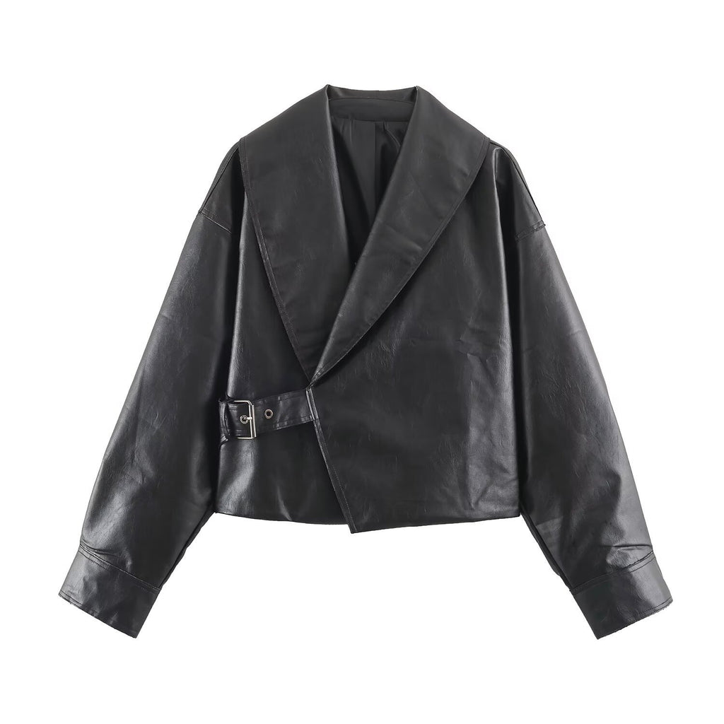 Women Short Oversized Faux Leather Jacket with Wide Shawl Collar and Belt Fashion Glam