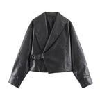 Women Short Oversized Faux Leather Jacket with Wide Shawl Collar and Belt Fashion Glam