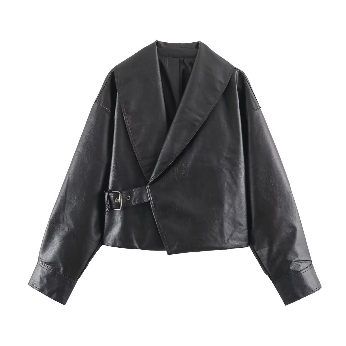 Women Short Oversized Faux Leather Jacket with Wide Shawl Collar and Belt Fashion Glam