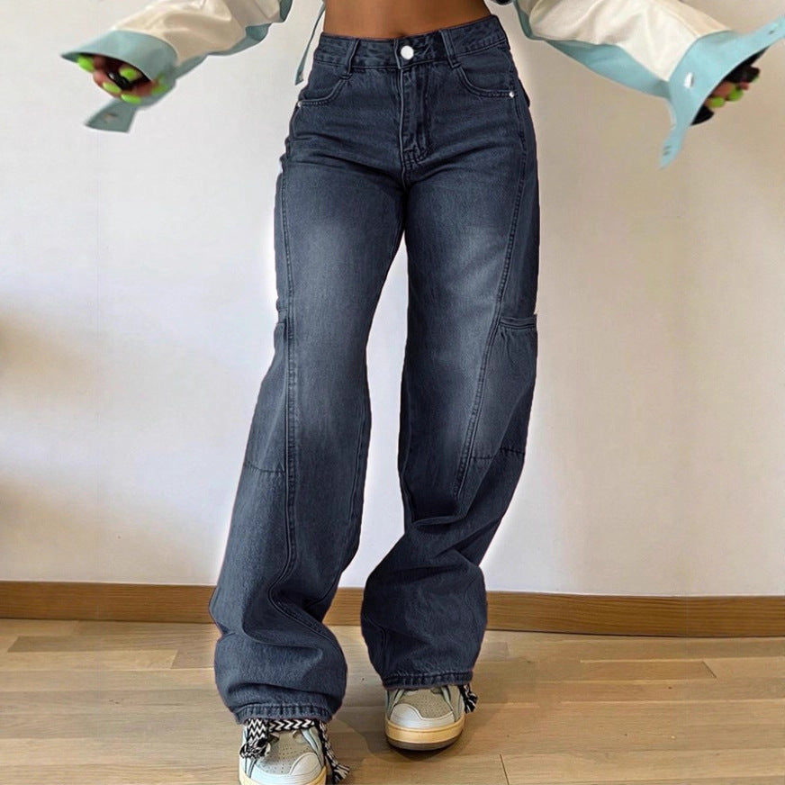 Women's High-Waist Wide Cargo Denim Pants with Seam Panels and Baggy Silhouette Fashion Glam