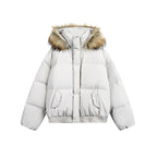 Women short quilted bomber jacket with hood and faux fur trim Fashion Glam