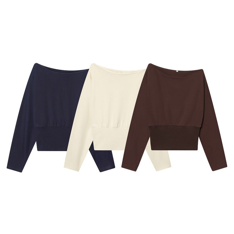 Women's Off-Shoulder Cropped Sweatshirt with Wide Boat Neck and Waistband Fashion Glam