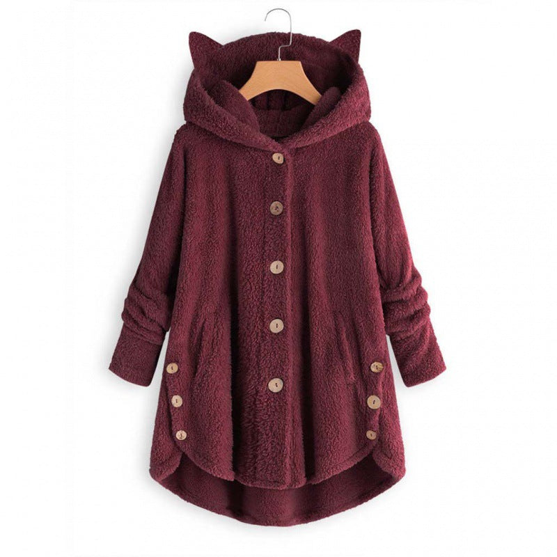 Women's Hooded Teddy Coat with Cat Ears, Button Placket and Asymmetrical Hem Fashion Glam
