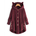 Women's Hooded Teddy Coat with Cat Ears, Button Placket and Asymmetrical Hem Fashion Glam