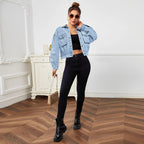 Women Cropped Boxy Denim Jacket with Patch Chest Pockets and Short Hem Fashion Glam
