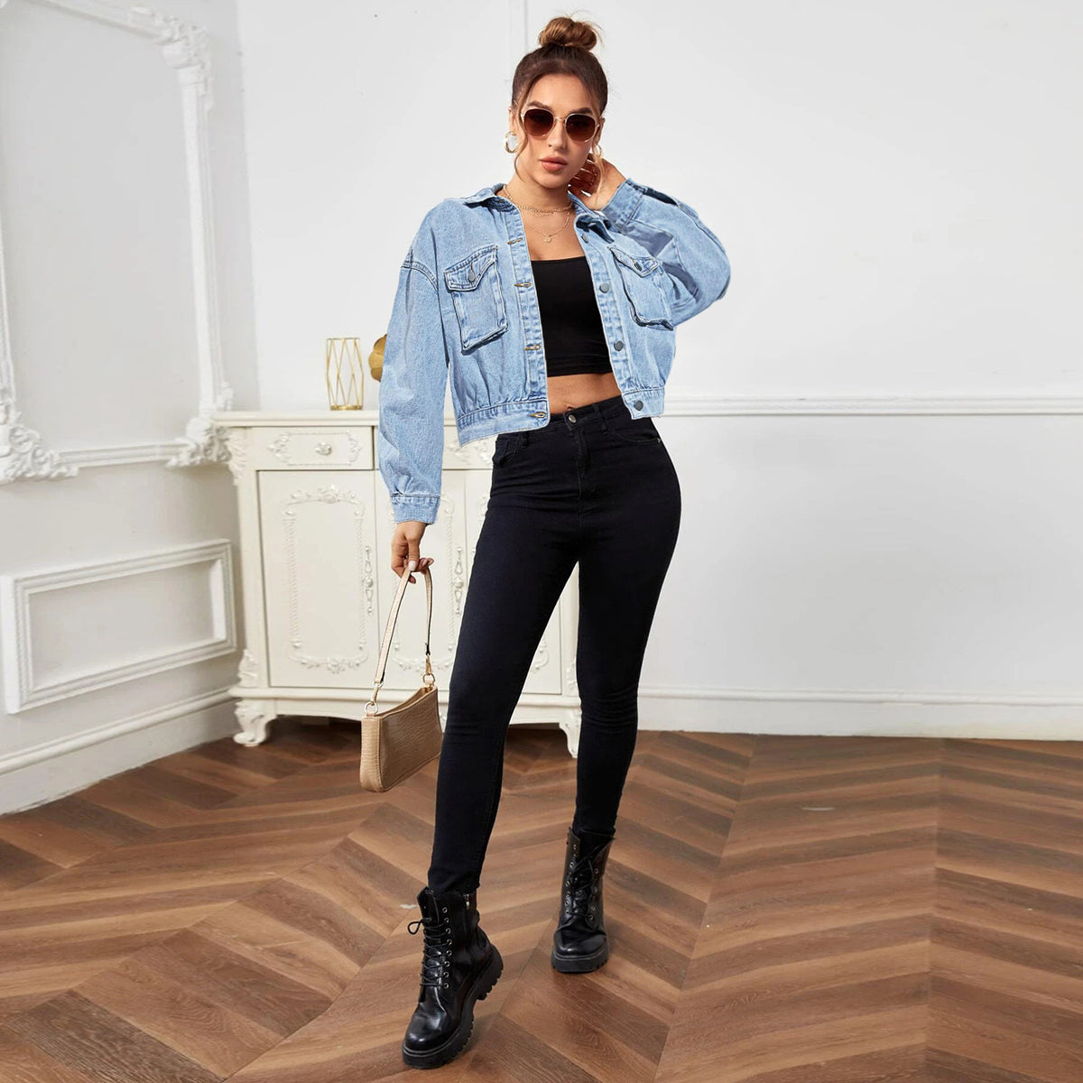 Women Cropped Boxy Denim Jacket with Patch Chest Pockets and Short Hem Fashion Glam