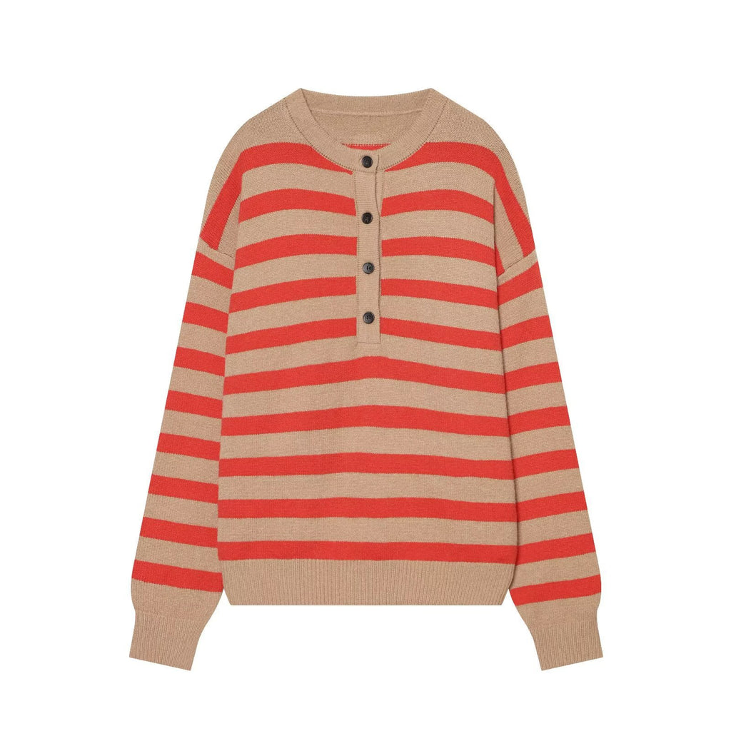 Women's Striped Knitted Sweater with Henley Button Placket Fashion Glam