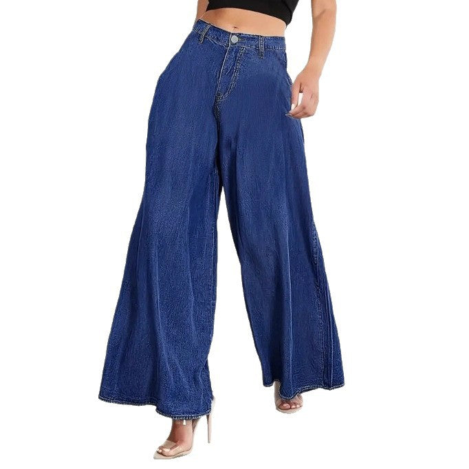 Women Extra Wide High-Waist Denim Palazzo Pants with Flowing A-Line Fall Fashion Glam