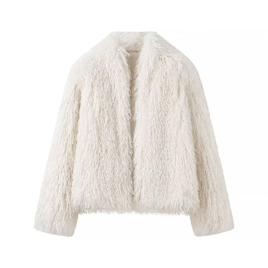 Women Short Fluffy Faux Fur Jacket with Long Fiber Texture Fashion Glam