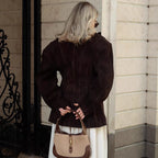 Women Tailored Velvet Imitation Blazer with Double Breasted and Patch Pockets Fashion Glam