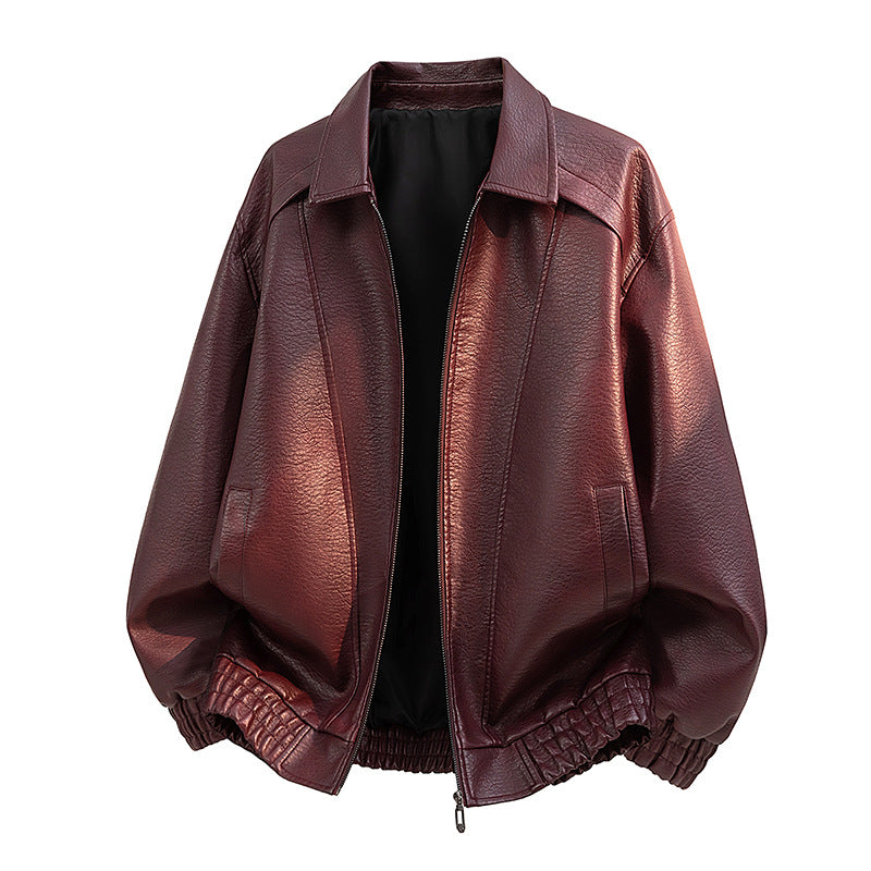 Men's leather bomber jacket in oversized style with elastic hem and zipper Fashion Glam