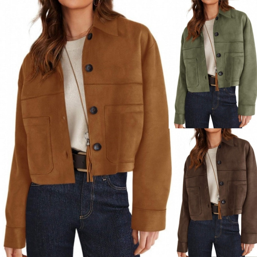 Women's short suede-look jacket with patch pockets and shirt collar Fashion Glam