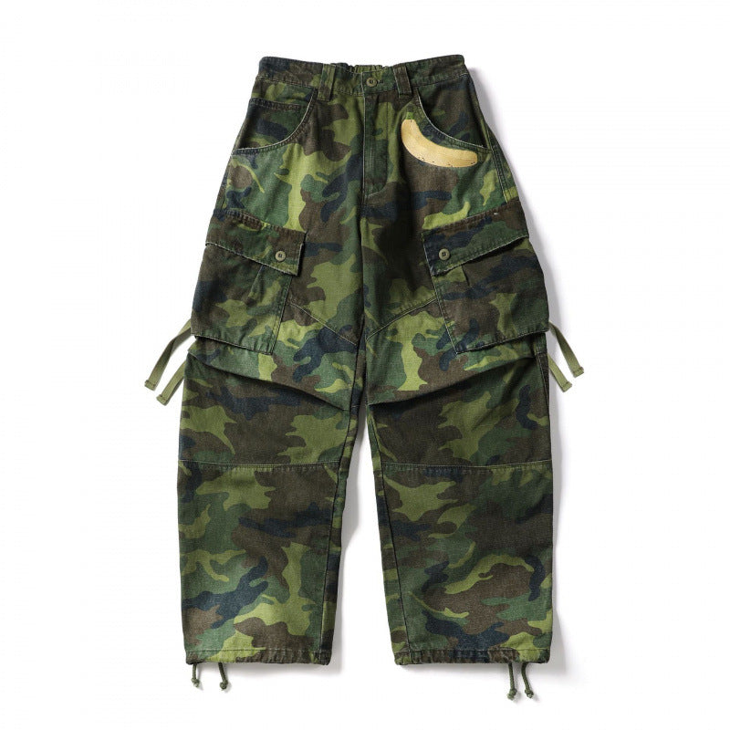 Unisex locker cut cargo pants with banana appliqué, large patch pockets and adjustable hem Fashion Glam