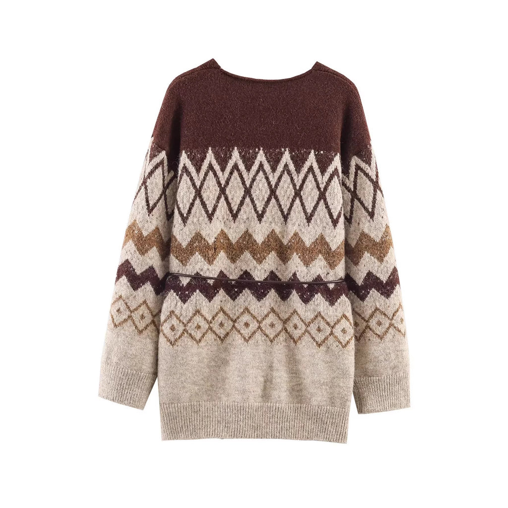 Women's Patterned Knit Cardigan with V-Neck, Button Placket and Waistband Fashion Glam