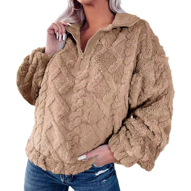 Ladies plush sweater in teddy look with half zipper and structured diamond pattern Fashion Glam