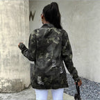 Women Oversize Camouflage Denim Jacket in Extended Cut with Frayed Hem Fashion Glam