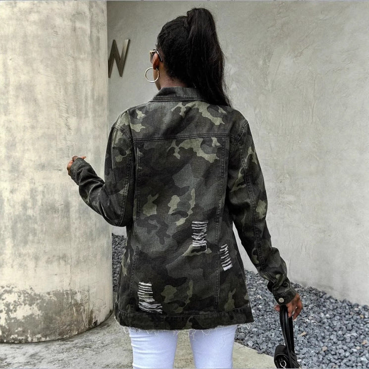 Women Oversize Camouflage Denim Jacket in Extended Cut with Frayed Hem Fashion Glam