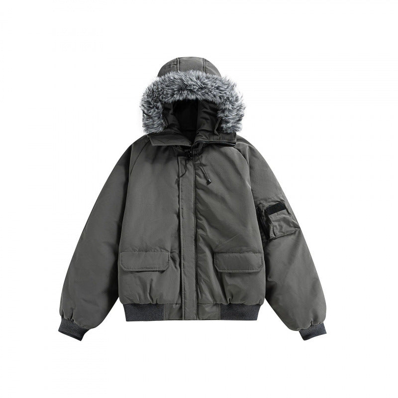 Unisex Quilted Bomber Jacket with Faux Fur Hood, Ribbed Hem and Utility Pockets Fashion Glam