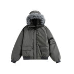 Unisex Quilted Bomber Jacket with Faux Fur Hood, Ribbed Hem and Utility Pockets Fashion Glam