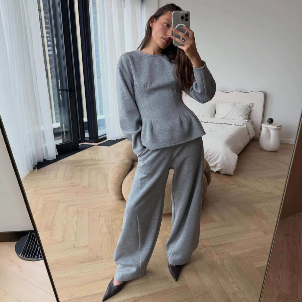 Women's Two-Piece Lounge Set with Tailored Peplum Top and Wide Pants Fashion Glam