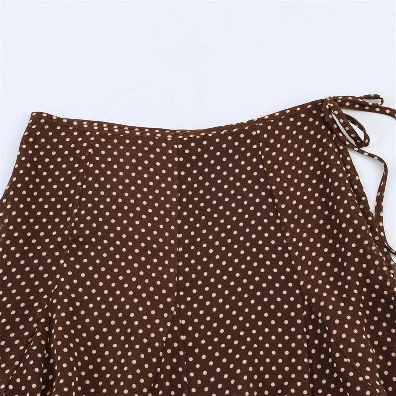 Women's Flowing A-Line Midi Skirt with Polka Dot Print and Tie Bow Fashion Glam