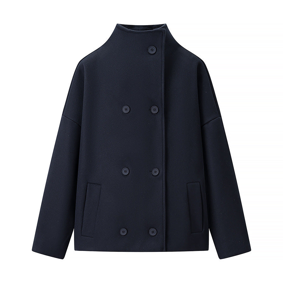 Women's Boxy Wool Blend Caban Jacket with Stand Collar and Dropped Shoulders Fashion Glam