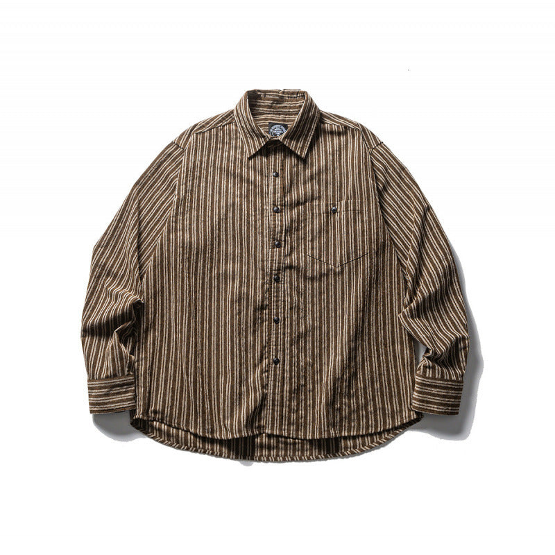 Men's Oversize Cord Shirt with Vertical Stripes, Chest Pocket and Rounded Hem Fashion Glam