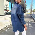 Women's Oversized Denim Jacket with Destroyed Details, Fringed Hem and Concealed Button Placket Fashion Glam