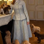 Ladies Two-Piece Boucle Tweed Set with Fitted Button Blazer and Flared Midi Skirt Fashion Glam