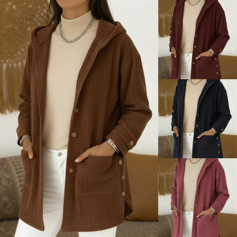 Women's Long Hooded Knitted Cardigan with Ribbed Texture, Button Placket and Side Pockets Fashion Glam