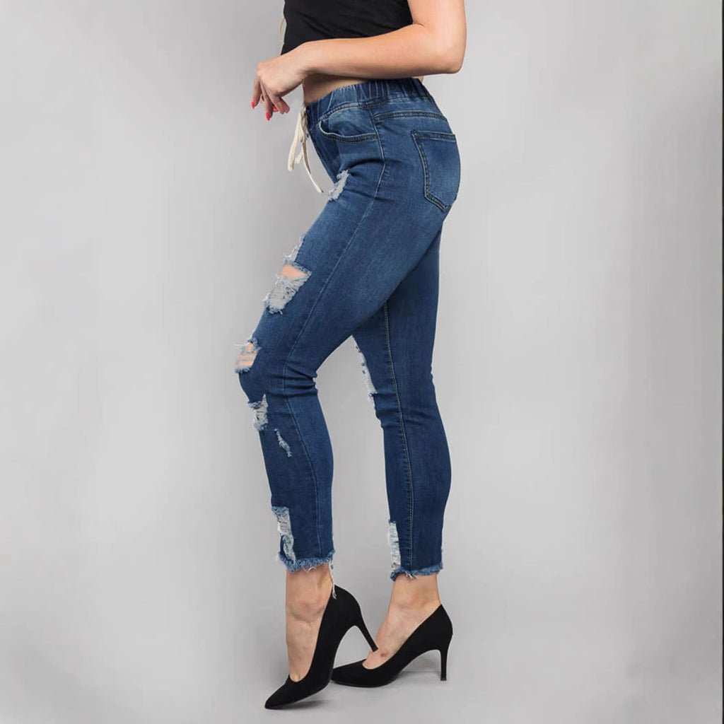 Women High-Waisted Destroyed Jogger Jeans with Elastic Drawstring Waistband and Cropped Frayed Hem Fashion Glam