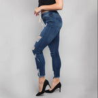 Women High-Waisted Destroyed Jogger Jeans with Elastic Drawstring Waistband and Cropped Frayed Hem Fashion Glam