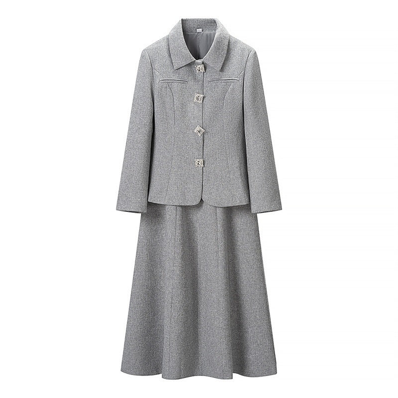 Women Two-Piece Suit made of Wool Blend with Tailored Short Blazer and Flared Midi Skirt Fashion Glam
