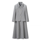Women Two-Piece Suit made of Wool Blend with Tailored Short Blazer and Flared Midi Skirt Fashion Glam