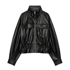 Women's Cropped Faux Leather Blouson with Drawstring, Patch Flap Pockets and High Stand Collar Fashion Glam