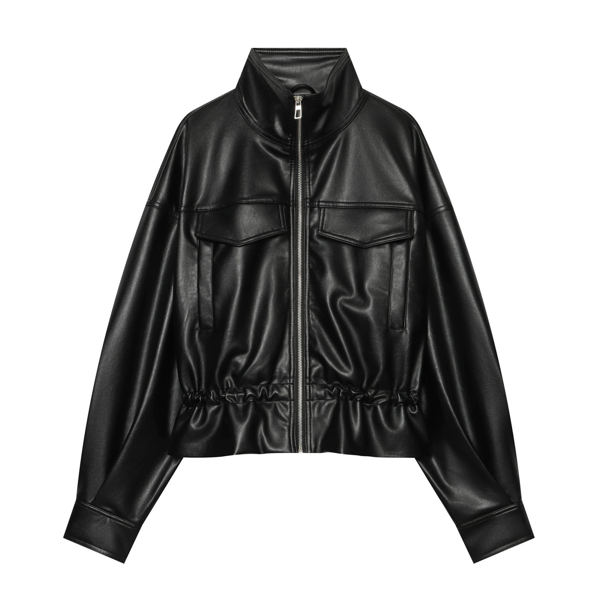 Women's Cropped Faux Leather Blouson with Drawstring, Patch Flap Pockets and High Stand Collar Fashion Glam