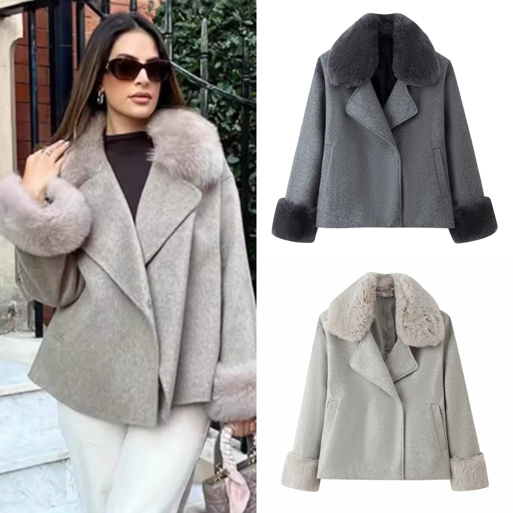 Women Short Wool Blend Coat with Removable Faux Fur Collar and Cuffs Fashion Glam