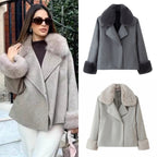 Women Short Wool Blend Coat with Removable Faux Fur Collar and Cuffs Fashion Glam