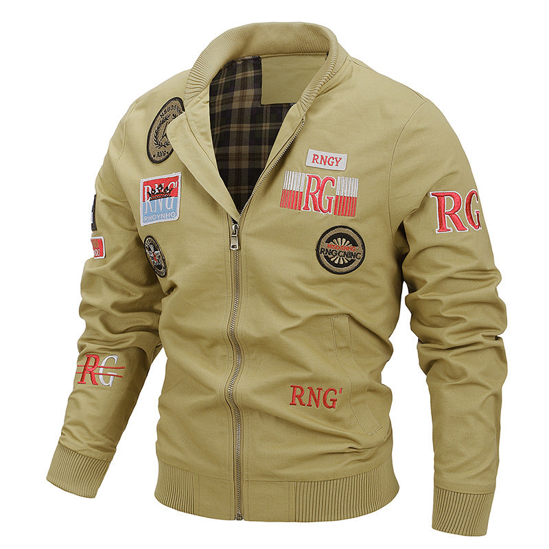 Men's Canvas Bomber Jacket with Vintage Patch Details and Ribbed Cuffs Fashion Glam