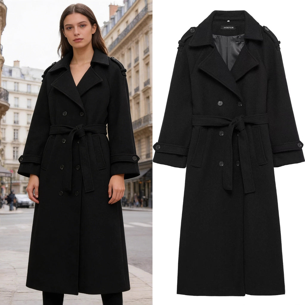 Women's Long Double-Breasted Wool Coat with Waist Belt and Epaulettes Fashion Glam