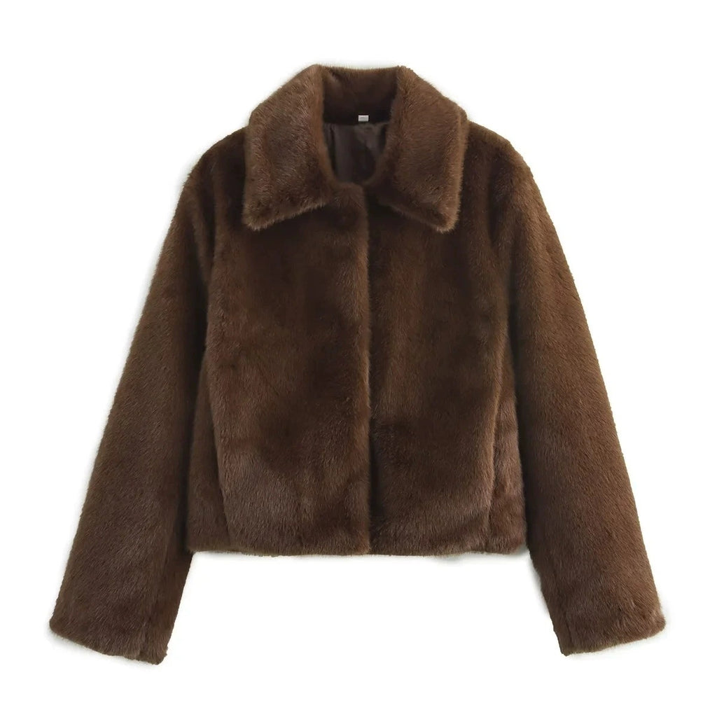 Women's Short Boxy Faux Fur Jacket with Shirt Collar and Dense High-Pile Texture Fashion Glam