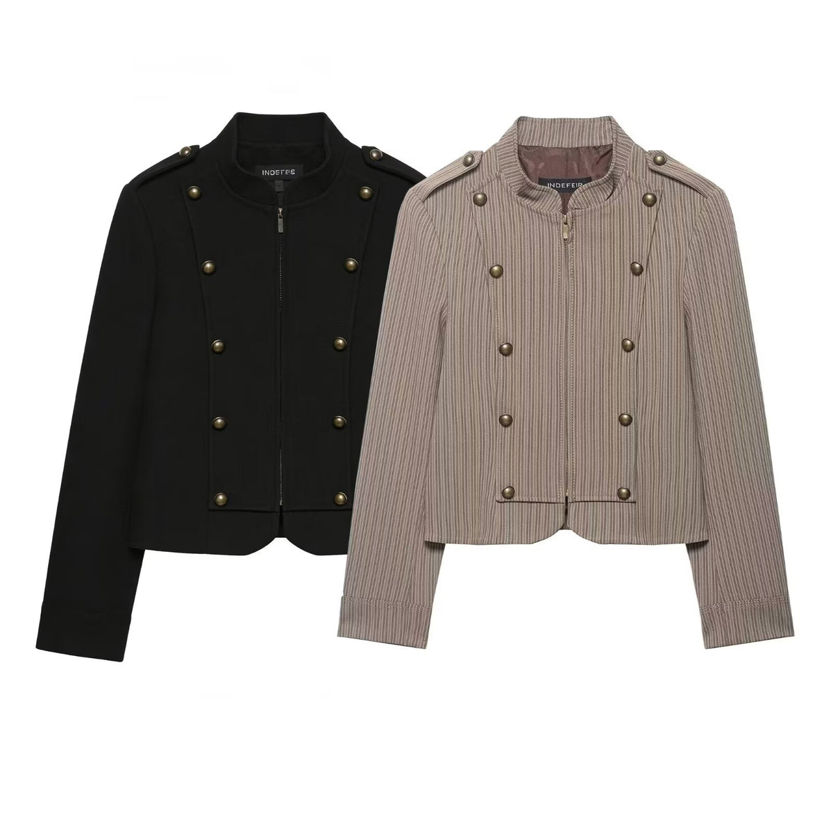 Women's short blazer in military style with stand-up collar and decorative buttons Fashion Glam