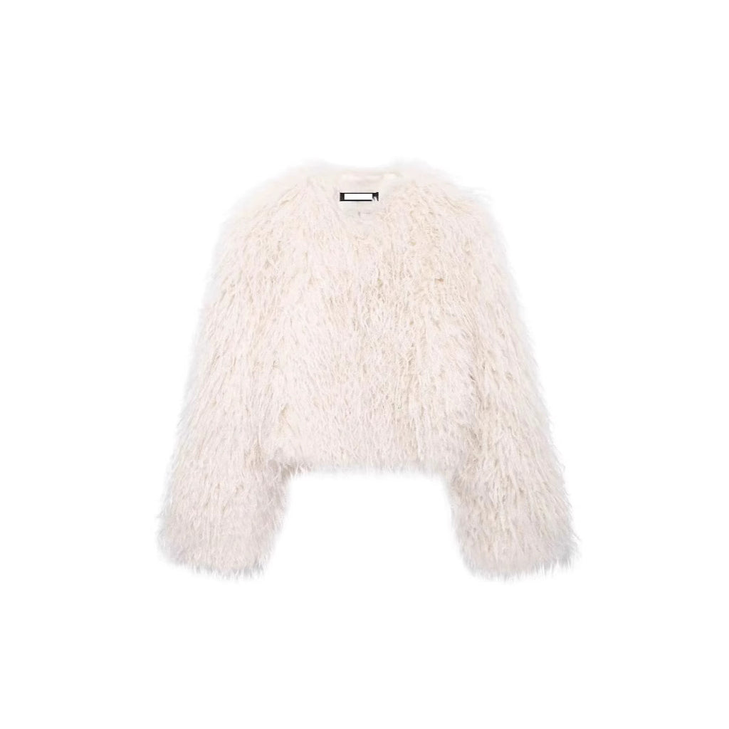 Women's Short-Cropped Bolero Jacket made of Long-Fiber Synthetic Fur with Shaggy Texture Fashion Glam