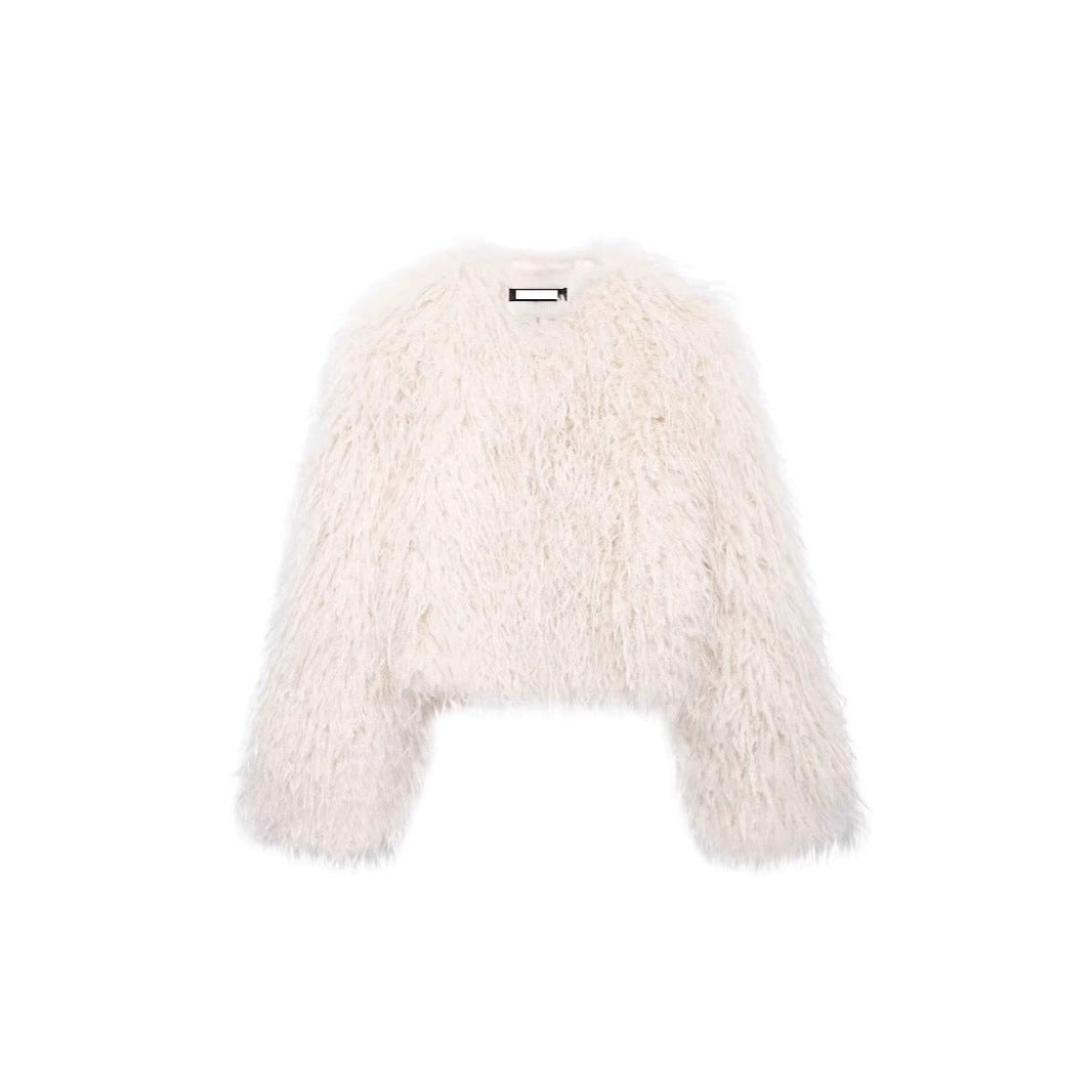 Women's Short-Cropped Bolero Jacket made of Long-Fiber Synthetic Fur with Shaggy Texture Fashion Glam