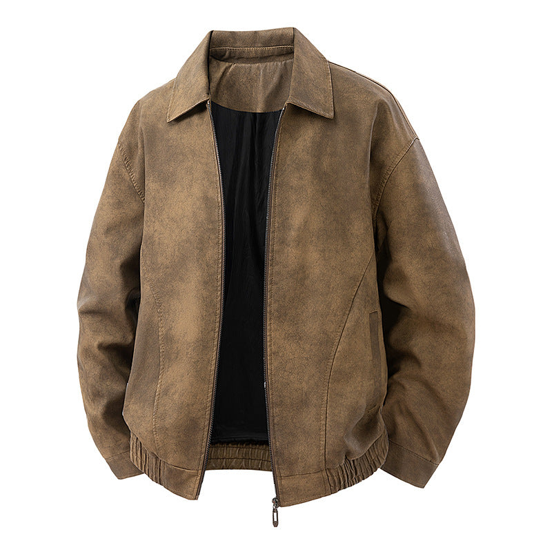 Men's leather bomber jacket with zipper and elastic hem Fashion Glam