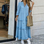Women's Long Tiered Ruffle Maxi Dress with Tied Scarf and V-Neck Fashion Glam