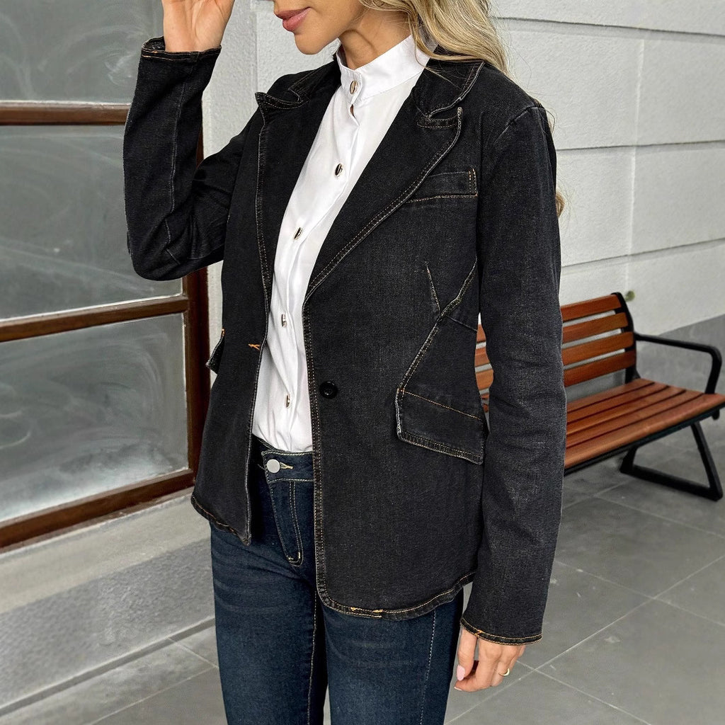 Women's tailored denim blazer with lapel collar and flap pockets Fashion Glam