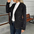 Women's tailored denim blazer with lapel collar and flap pockets Fashion Glam