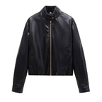 Ladies short cut faux leather bomber jacket with standing collar and zipper Fashion Glam