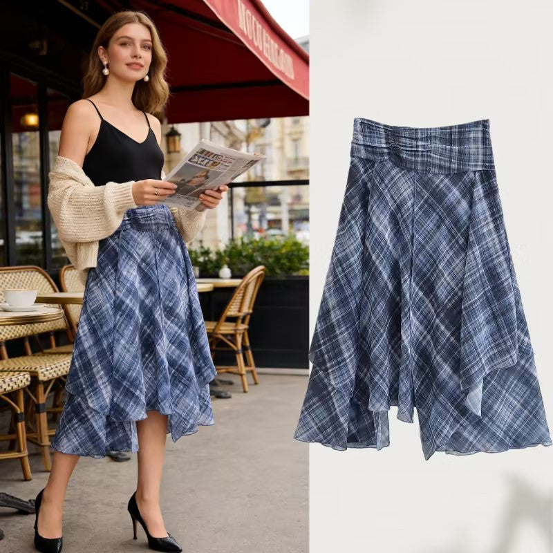 Women Asymmetrical multilayer midi skirt made of chiffon with wide waistband and check pattern Fashion Glam